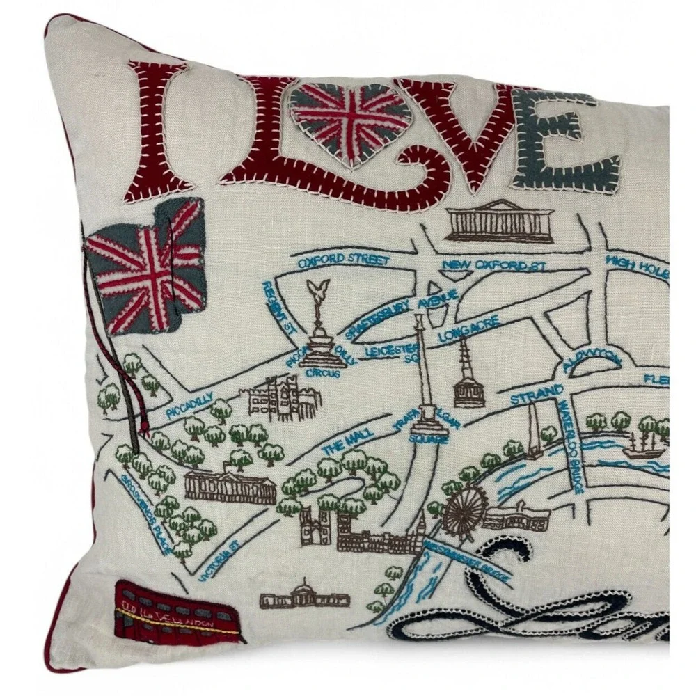 Jan Constantine England Pillow I Love London Embroidered Linen Wool 21x16